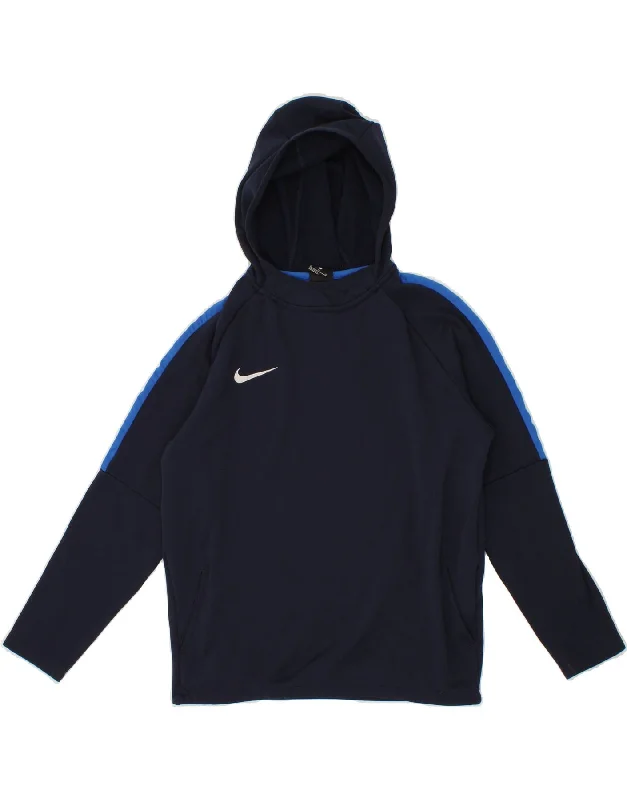 NIKE Boys Dri Fit Hoodie Jumper 13-14 Years XL Navy Blue Colourblock