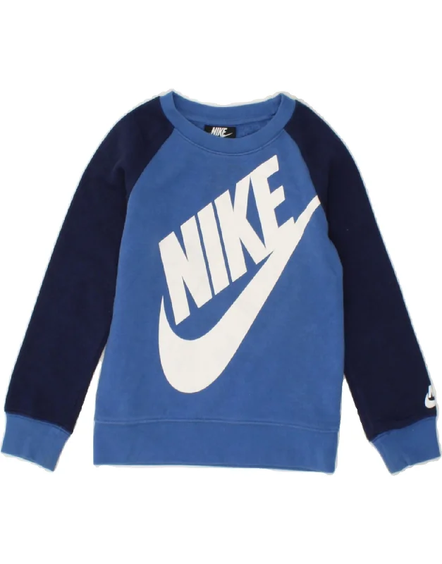 NIKE Boys Graphic Sweatshirt Jumper 3-4 Years XS Blue Colourblock Cotton