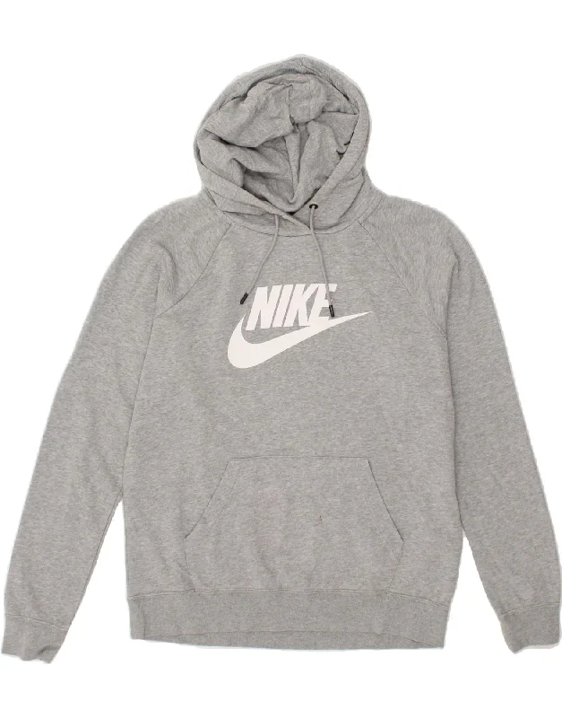 NIKE Womens Graphic Hoodie Jumper UK 14 Medium Grey Cotton