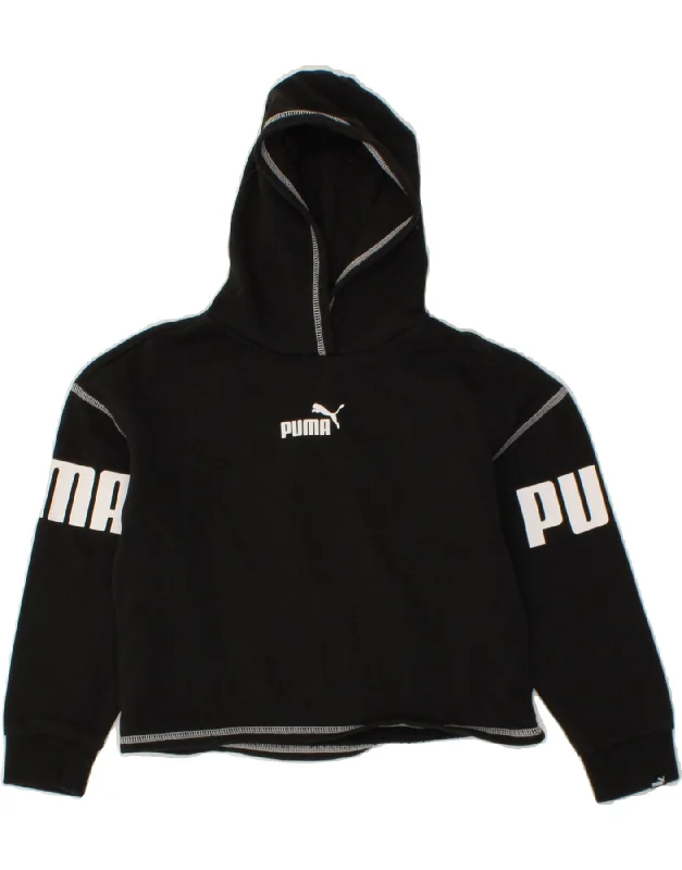 PUMA Girls Crop Graphic Hoodie Jumper 9-10 Years Black Cotton