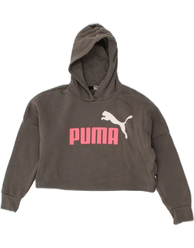 PUMA Girls Oversized Graphic Hoodie Jumper 9-10 Years Grey Cotton