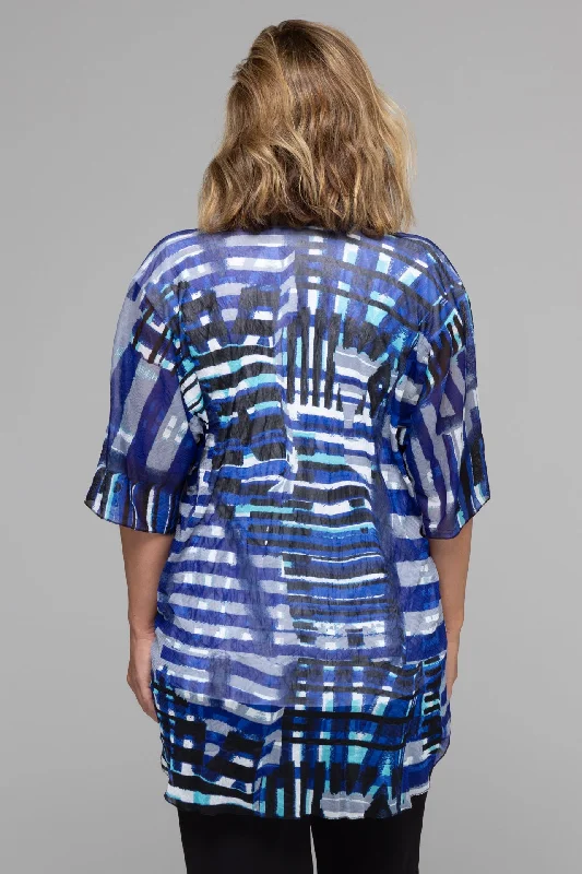 Blue Stripe Print Net Knit Short Sleeve Kimono