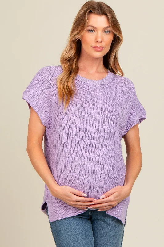 Lavender Dolman Short Sleeve Side Slit Maternity Sweater Top