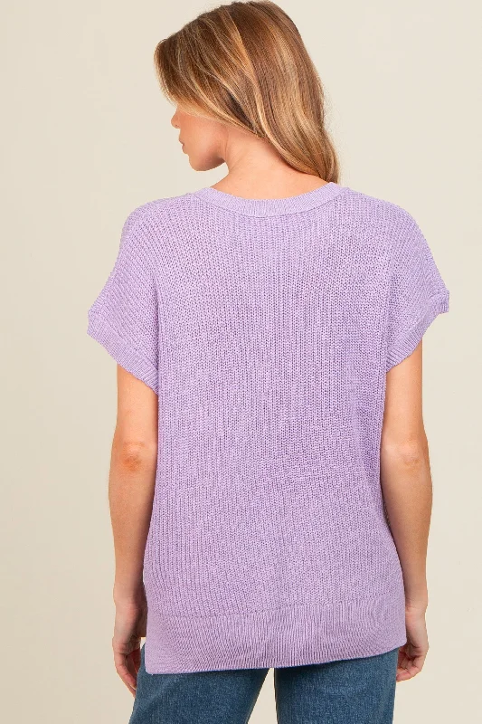 Lavender Dolman Short Sleeve Side Slit Maternity Sweater Top