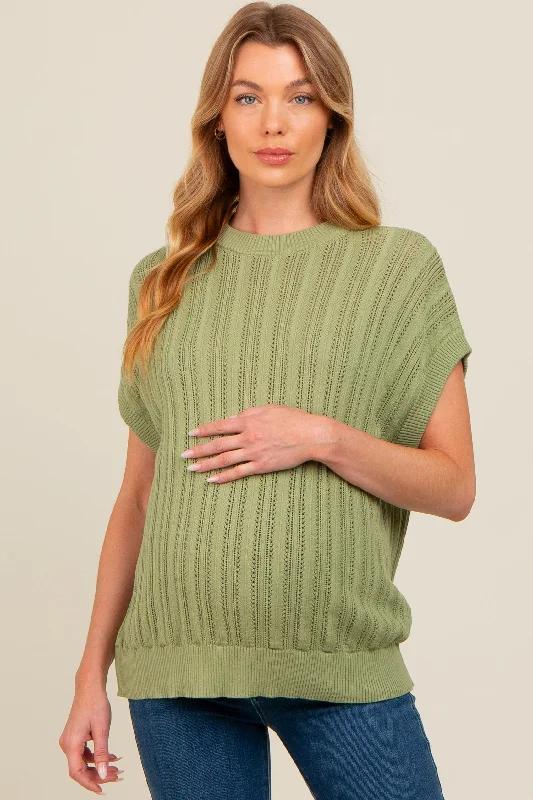 Light Green Crochet Knit Short Sleeve Sweater Maternity Top