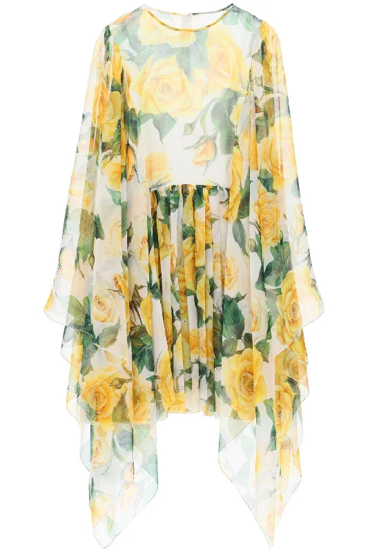 "short Silk Chiffon Dress With Yellow Rose Print"  - White