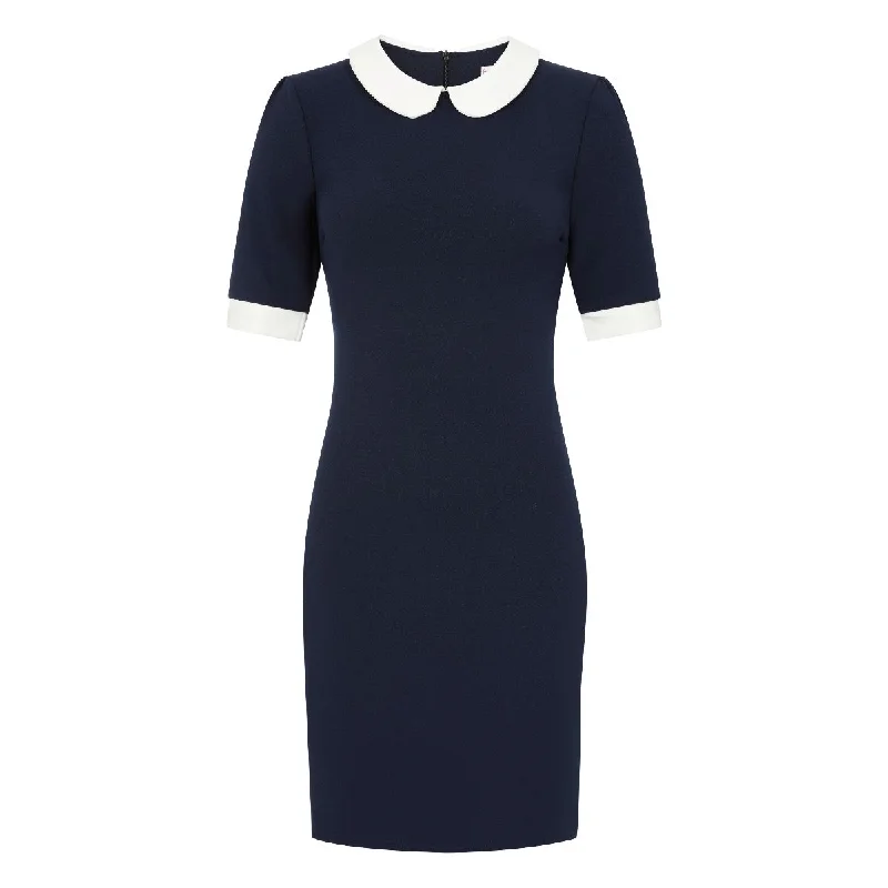 Navy Blue Nautical Wiggle Pencil Dress With Cream Collar & Cuff