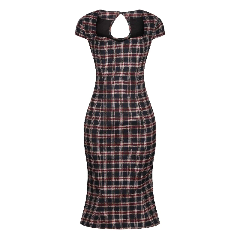 Black & Red Tartan Check Capped Sleeve Peplum Pencil Dress