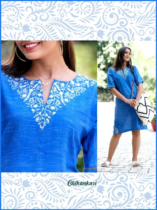 Blue Cotton Chikankari Dress.
