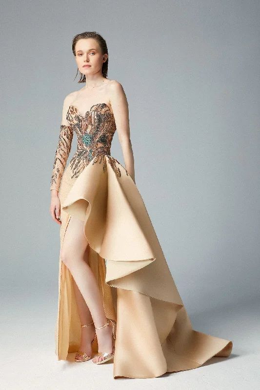 One sleeve heart shape high slit gown