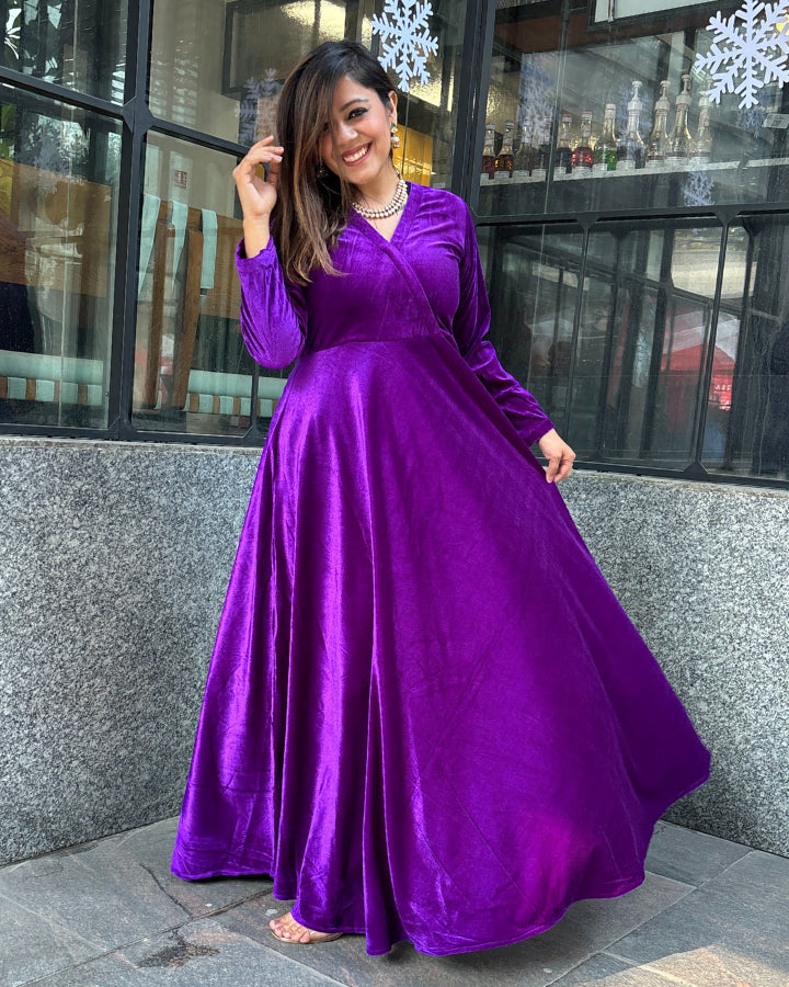 Purple Fit and Flare Long Velvet Dress
