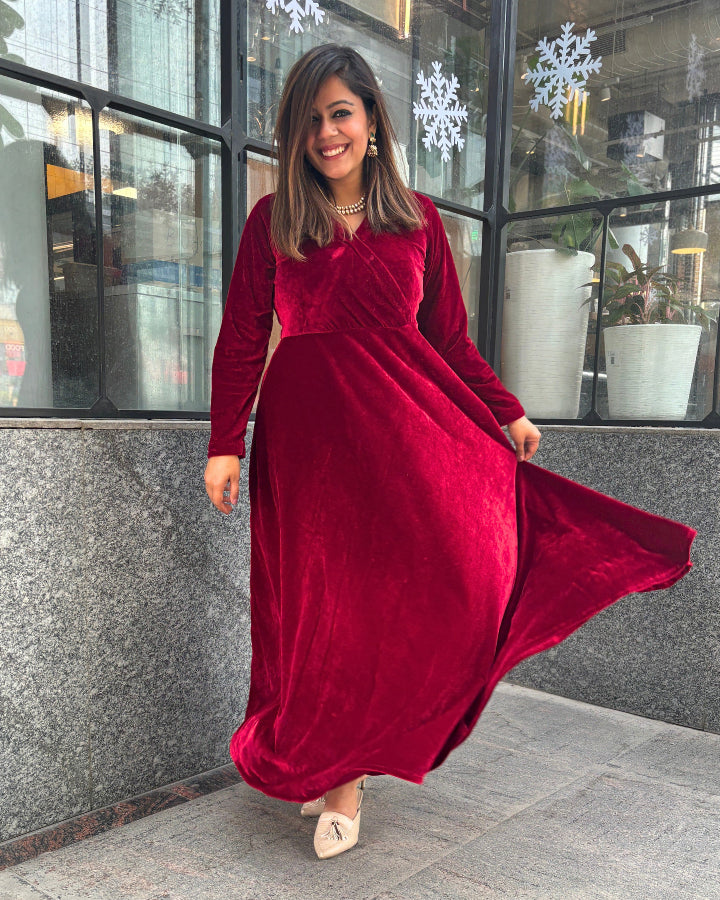 Wine Red Fit and Flare Long Velvet Dress