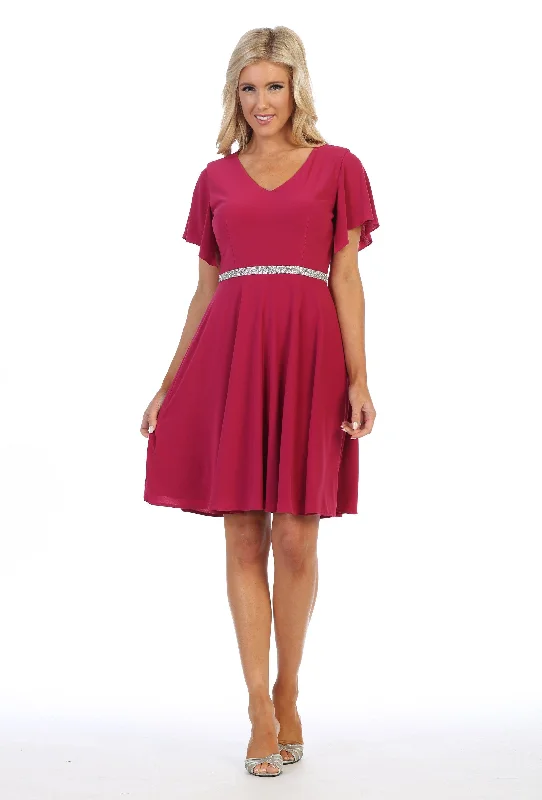 Short V-Neck Jersey Dress with Flutter Sleeves by Celavie 6413