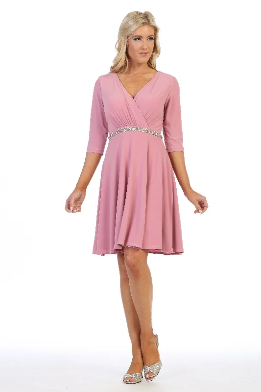 Short V-Neck Jersey Dress with Mid-Sleeves by Celavie 6414