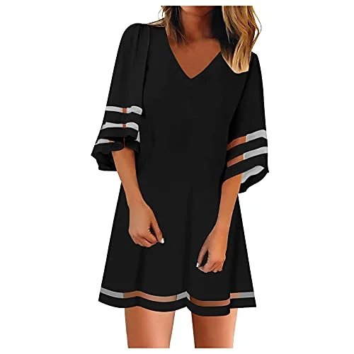 Spring Dresses For Women, Casual Crewneck Mesh Patchwork 3/4 Bell Sleeve Loose A-line Tunic Dress, Casual Sundresses | Original Brand