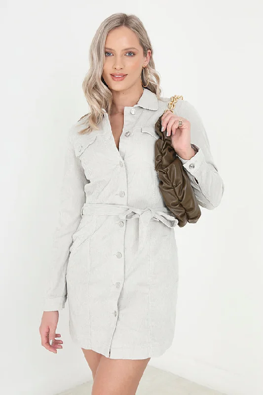 STONE BUTTON THROUGH BELTED CORDUROY DRESS