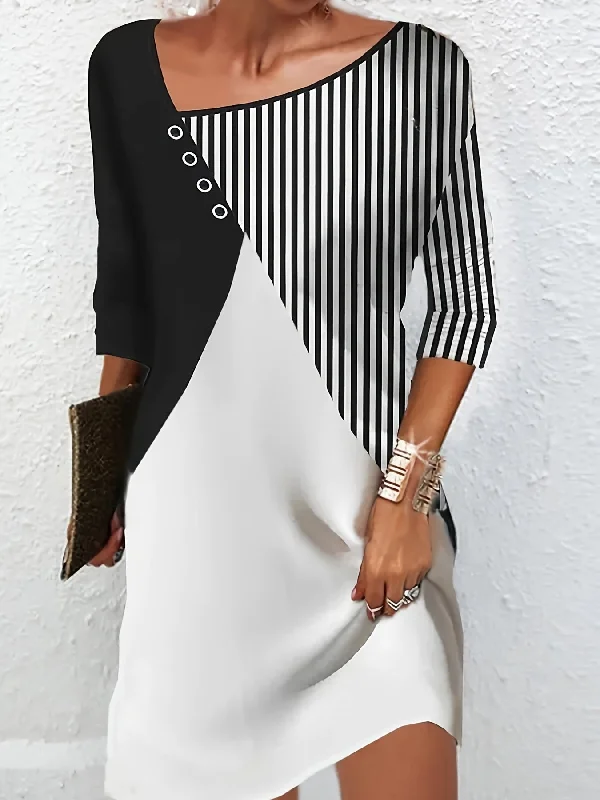 Striped Color Block Casual Stitching Asymmetrical Neck 3/4 Sleeve Dress